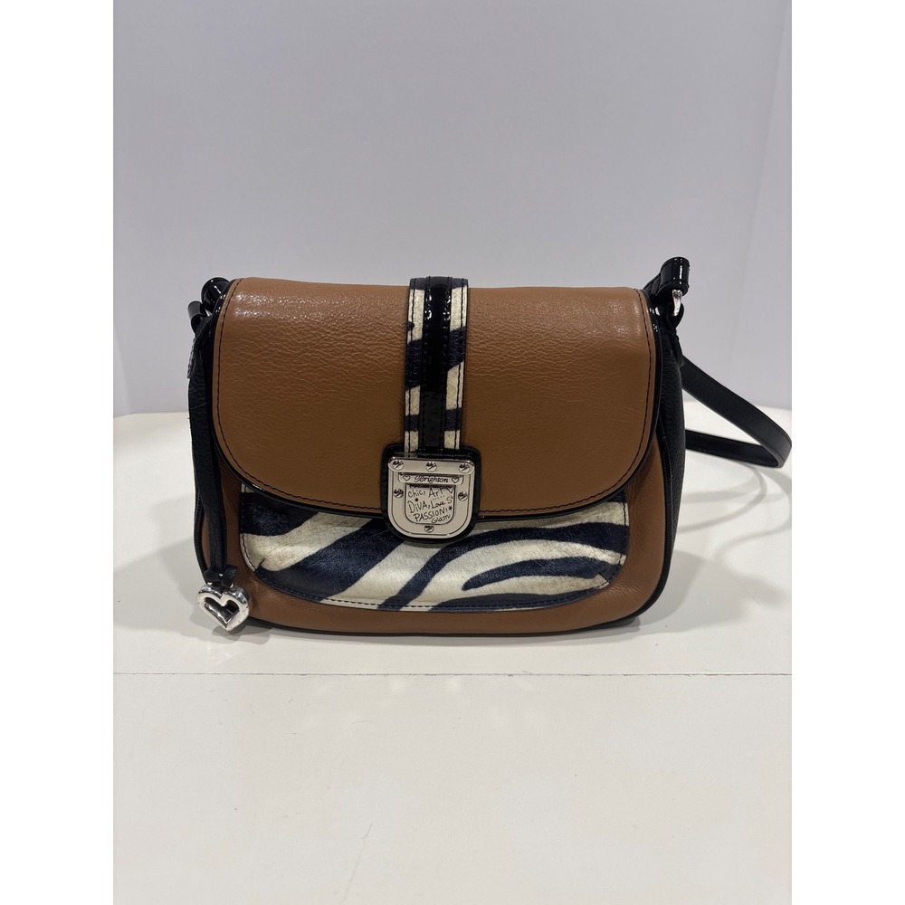 Brighton Zebra Print Leather Crossbody Bag Brown Black Silver Heart Charm